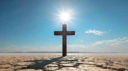 A Christian cross in the middle of a desert, with a clear blue sky and the sun blazing directly above, casting no shadow but illuminating the cross as a lone symbol of faith.