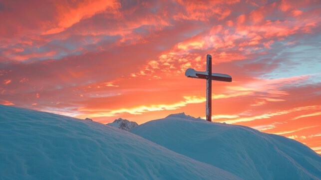 A Christian cross on a snow-covered peak at sunset, with the sky ablaze in orange and pink hues, contrasting the cold, blue shadows on the snow, symbolizing warmth and hope in the cold.