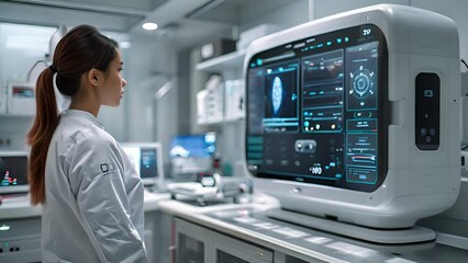 Poster - A female scientist in a laboratory is focused on analyzing data on a computer screen.