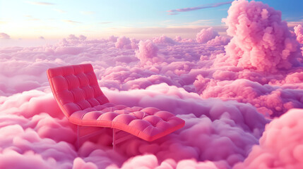 Sticker - A surreal scene featuring a vibrant pink lounge chair floating amidst a sea of fluffy pink clouds under a soft sunset sky.