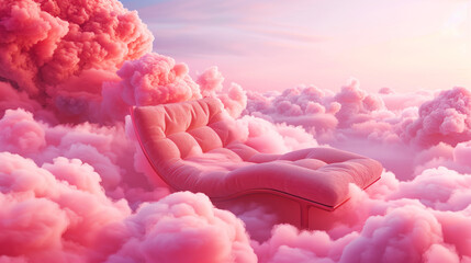 Poster - A surreal pink-toned image featuring a luxurious sofa floating amidst fluffy, cloud-like formations under a soft sky.