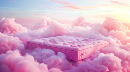 Sticker - A surreal image of a large pink mattress floating above fluffy, pink clouds under a soft sunset sky.