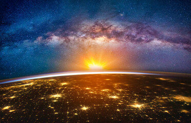 Wall Mural - landscape with milky way galaxy. sunrise and earth view from space with milky way galaxy. (elements 