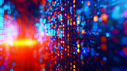 Vibrant digital wall of binary code in blue and red, depicting data and technology concept.