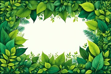 A backdrop of fresh natural foliage forms the frame. The center is empty, suitable for placing text