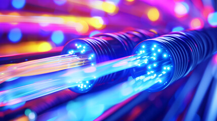 Poster - Futuristic digital concept of data cables transmitting light with a colorful, blurred background.