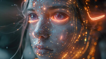 Poster - A close-up of a womans face with intricate glowing lines and dots, creating a futuristic and technological aesthetic.