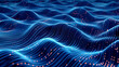 Abstract digital landscape with flowing blue waves and glowing orange particles on dark background.