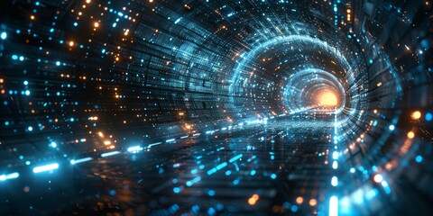Abstract background of digital technology and data flow with blue glowing light, in a high speed tunnel in space, a futuristic concept of big Data or internet network connection in