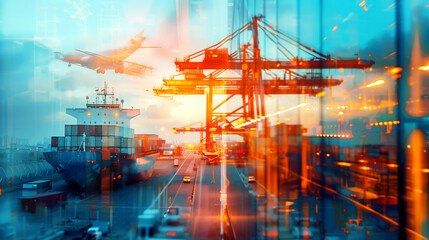 Sticker - Vibrant composite image showcasing a busy shipping port with cargo ships and cranes alongside a soaring airplane.