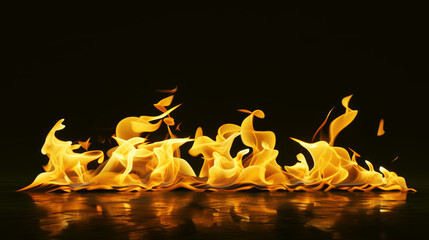 Canvas Print - Intense flames and fire dance on a reflective surface against a dark background.