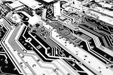 Detailed black and white image of a computer circuit board. Suitable for technology concepts