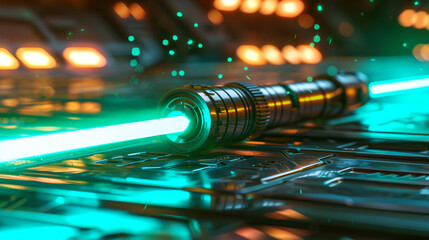 Wall Mural - A futuristic image featuring a close-up view of a glowing sci-fi sword on a metallic surface with bokeh lights.