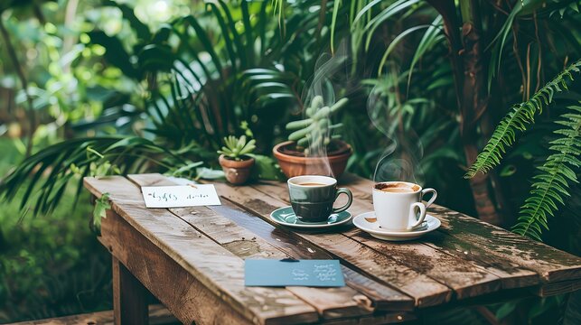 A rustic wooden table set with steaming cups of coffee and handwritten thank you notes, surrounded by lush greenery.