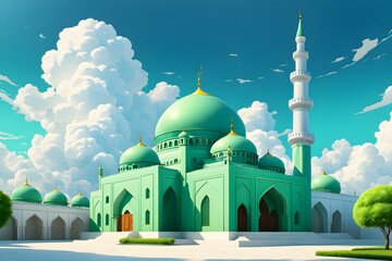 Wall Mural - Islamic mosque with sky background. Stylish cartoon design