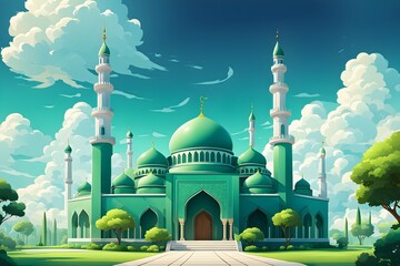 Wall Mural - Islamic mosque with sky background. Stylish cartoon design