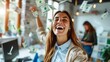 © OMD - Joyful young woman tossing money in the air in a modern office, feeling ecstatic with dollars floating around her.
