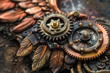 Wall Mural - Detailed close up of a piece of art with gears. Ideal for industrial and mechanical themed designs