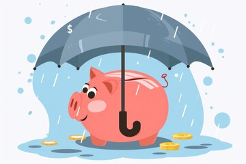 Wall Mural - A piggy bank with an umbrella surrounded by coins. Perfect for financial savings concept