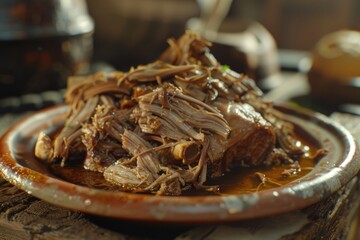 Poster - A plate of pulled pork on a table, perfect for food blogs or restaurant menus