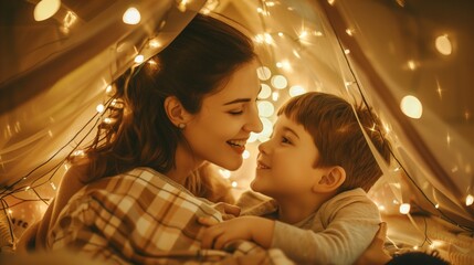 Sticker - Heartwarming scene of a young mother and her small son happily interacting inside a cozy, light-adorned tent.