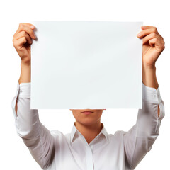 Wall Mural - Paper in hands on a white or transparent background. Close-up of a man holding a white sheet of paper. Mockup. Protest. Creative process. Development.