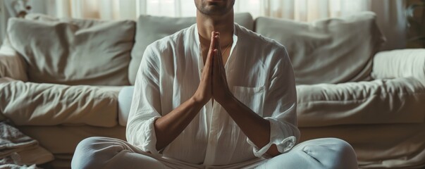 Wall Mural - Man in meditation pose with hands together