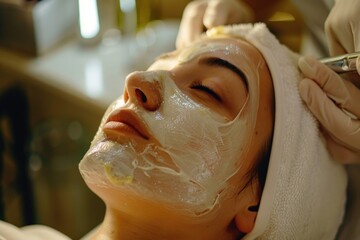 Woman getting facial mask treatment, suitable for beauty and skincare concepts