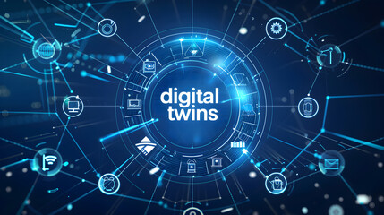 A blue and white digital twin with many icons