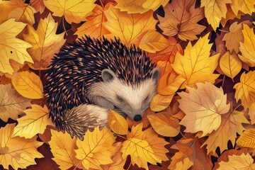 Wall Mural - A hedgehog curled up in a pile of leaves, suitable for autumn themes
