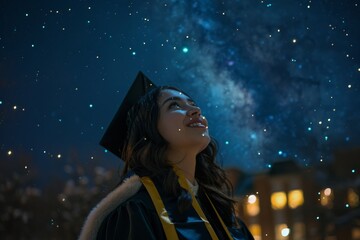 Wall Mural - A beaming graduate with a night sky of constellations behind her, knowledge, wisdom, astronomy, campus