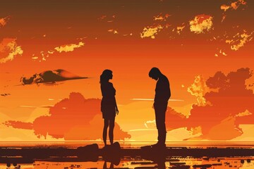 Wall Mural - A man and a woman standing on a beach at sunset. Perfect for travel and romance concepts