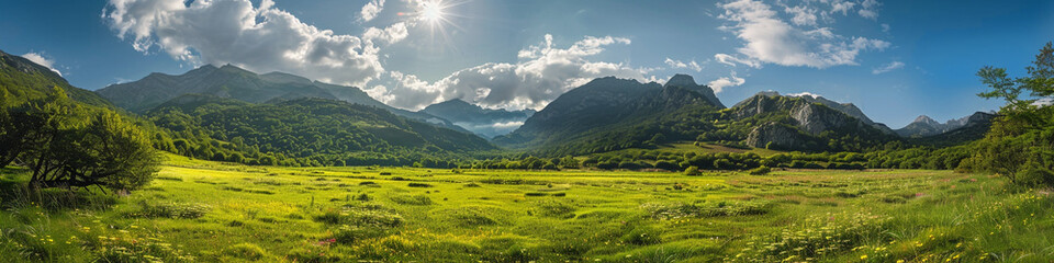 Wall Mural - lush green meadow surrounded by mountains