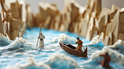 macro tilt-shift photography of tiny cardboard handmade figure of the biblical miraculous event of Moses parting the Red Sea,  waters split
