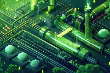 Wall Mural - Cityscape with numerous green pipes and infrastructure, suitable for industrial and environmental concepts