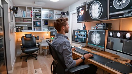 Leinwandbilder - A man sits in front of two computer monitors on a desk, focusing on work tasks and digital screens.