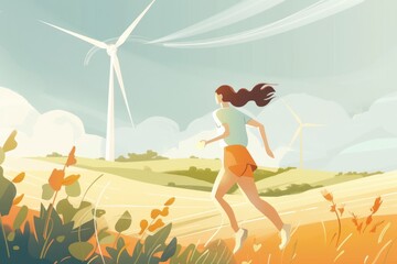 Wall Mural - Woman running through a field with a wind turbine in the background. Suitable for environmental or renewable energy concepts