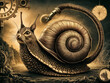 Surreal Illustration of Cat with Snail Shell in a Steampunk Fantasy Landscape.