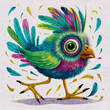 Vibrant, Colorful Fantasy Bird with Large Eye and Feathers in Whimsical Style.