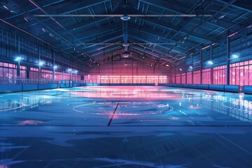 Canvas Print - An empty hockey rink with a neon glow. Suitable for sports and entertainment concepts