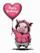 Adorable Pig in Pink Hoodie Holding a Happy Birthday Heart Balloon Illustration.