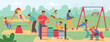 Fathers and Children Enjoying a Sunny Day at the Playground, Playing on Slides and Swings Cartoon Vector Illustration