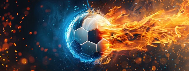 Wall Mural - Soccer ball in action, The ball travels with lightning speed and glowing orange and blue effects, Football banner. Football Competition