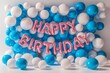 Vibrant Happy Birthday Balloons in Blue and White Color Scheme with Festive Decoration.