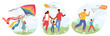 Multicultural Families Happily Engaging In Kite Flying In Lush Park. Each Scene Captures The Joy And Bonding Experience