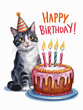 Celebratory Cat with Birthday Cake and Candles Wearing Party Hat Illustration.