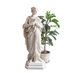 Wall Mural - A statue of a woman holding a book and a plant, isolated on white background