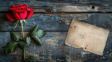 A blank card featuring a vibrant red rose set against a rustic wooden backdrop with ample space for personalized messages Celebrating the International Women s Day on March 8th