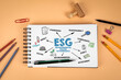 ESG ENVIRONMENTAL  SOCIAL GOVERNANCE. Notepad and office supplies on a light background