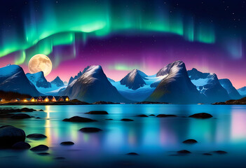 Wall Mural - A full moon above a mountainous landscape with water reflecting the lights.